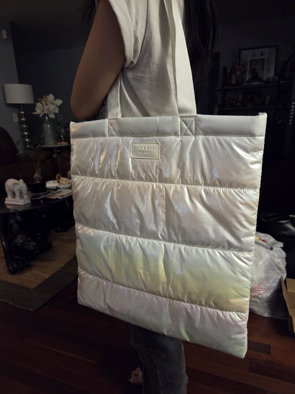 Bath & Body Works Iridescent White Quilted Tote